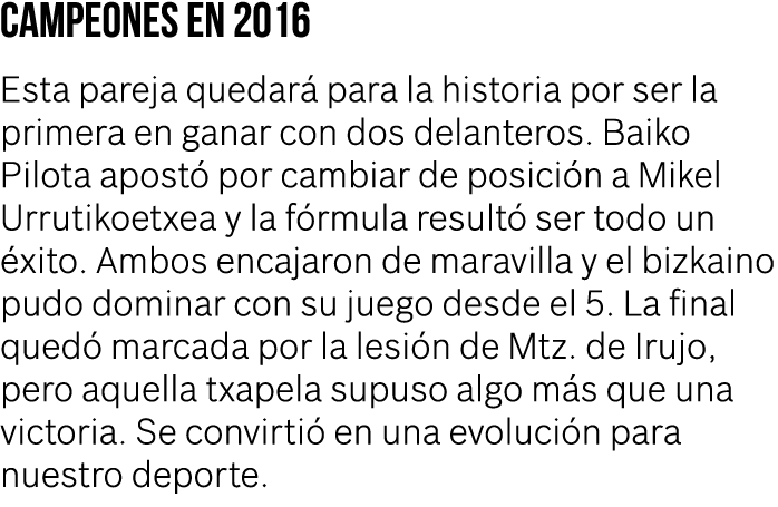 Campeones en 2016 Esta pareja quedar para la historia por ser la primera en ganar con dos delanteros. Baiko Pilota a...