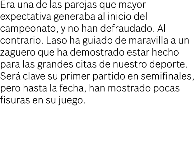 Era una de las parejas que mayor expectativa generaba al inicio del campeonato, y no han defraudado. Al contrario. La...