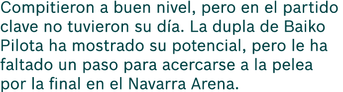 Compitieron a buen nivel, pero en el partido clave no tuvieron su d a. La dupla de Baiko Pilota ha mostrado su potenc...